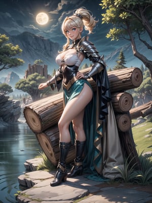 A woman, wearing silver armor, blue skirt with gold bands, long boots of black leather, gigantic breasts, blonde hair, hair with ponytail, hair with bangs in front of the eyes, (looking at the viewer), (((sensual pose+Interacting+leaning on anything+object+leaning against))), in a valley on top of a mountain at night, with many rocky structures,  trees, a small stream, many logs, soil+moon at the top center, 16K, UHD, (full body:1.5), unreal engine 5, quality max, max resolution, ultra-realistic, ultra-detailed, maximum sharpness, ((perfect_hands)), ((perfect_legs)), Goodhands-beta2, ((Charlotte Christine de Colde, gigantic breasts))