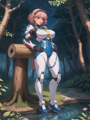 A woman is wearing an all-white mecha suit with blue parts. The mecha suit is very tight on her body, she has gigantic breasts. She has very short, pink, curly hair, with bangs in front of her eyes. She is looking directly at the viewer. She is in a magical forest with lots of trees, wooden structures and large tree trunks. It's night, there are many altars with ancient relics and a large pond, ((full body)), UHD, best possible quality, ultra detailed, best possible resolution, ultra technological, Unreal Engine 5, professional photography, she is doing (sensual pose with interaction and leaning on anything) + (object + on something + leaning against), perfect, More detail,