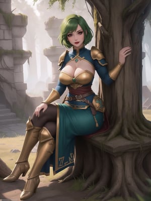 A woman wearing a tight-fitting golden medieval armor with gigantic breasts, green hair with bangs in front of her eyes and very short hair is staring fixedly at the viewer. She is in a completely destroyed castle with many moss-covered stone structures, trees, tree trunks, stone pillars with ancient inscriptions and lots of vegetation. ((She is striking a sensual pose, leaning on anything or object, resting and leaning against herself over it)). ((full body)), warcraft, legend_of_zelda, UHD, best possible quality, ultra detailed, best possible resolution, Unreal Engine 5, professional photography, perfect hand, fingers, hand, perfect, More detail,