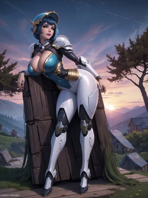 ((An eagle woman_solo)), has gigantic breasts, is wearing mecha+robotic armor with blue parts, totally white outfit, she has ((wearing a helmet)), short hair, blue hair, hair with bangs in front of her eyes, she is in a village on top of the mountains at night, with many stone structures, trees, houses made of wood, large wooden structures, warcraft, 16K, UHD, best possible quality, ultra detailed, best possible resolution, ultra technological, futuristic, robotic, Unreal Engine 5, professional photography, she is ((sensual pose with interaction and leaning on anything + object + on something + leaning against)) + perfect_thighs, perfect_legs, perfect_feet, ((full body)), More detail, better_hands