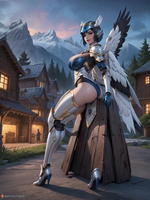 ((An eagle woman_solo)), has gigantic breasts, is wearing mecha+robotic armor with blue parts, totally white outfit, she has ((wings on her back, wearing a helmet)), short hair, blue hair, hair with bangs in front of her eyes, she is in a village on top of the mountains at night, with many stone structures, trees, houses made of wood, large wooden structures, warcraft, 16K, UHD, best possible quality, ultra detailed, best possible resolution, ultra technological, futuristic, robotic, Unreal Engine 5, professional photography, she is ((sensual pose with interaction and leaning on anything + object + on something + leaning against)) + perfect_thighs, perfect_legs, perfect_feet, ((full body)), More detail, better_hands