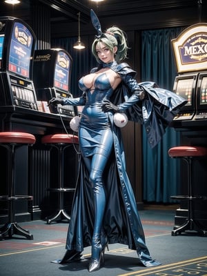 A woman, wearing mecha bunny costume+mecha armor+bionic armor, blue costume with blank parts, gigantic breasts, helmet with glass visor, green hair, extremely short hair, unruly hair, hair with ponytail, hair with bangs in front of the eye, looking at the viewer, (((sensual pose+Interacting+leaning on anything+object+leaning against))) in a casino, with lots of slot machines, card tables, betting roulette wheels, lots of people walking in the casino, casino full of people, people with different ethnicities, ((full body):1.5), 16K, UHD, unreal engine 5, quality max, max resolution, ultra-realistic, ultra-detailed, maximum sharpness, ((perfect_hands ):1), Goodhands-beta2, ((mecha bunny costume+blue costume with white parts)), TSUNADE