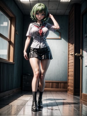 ((Full body):2) (({Only 1 woman}):1.2), Only 1woman:((wearing white schoolgirl clothes with a black skirt, extremely tight around the body):1.2), (has extremely large breasts):1.2) , ((has very short green hair, blue eyes):1.2), ((is doing erotic poses for the viewer):1.2). Only 1 woman: ((in a bathroom in a school full of women):1.2), anime, anime, Hyperrealism, Hyperrealism, 16k, high quality, high details, UHD, masterpiece,cartoon 