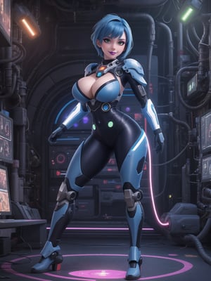 A woman, wearing mecha costume with parts in blue, all white costume, costume with cybernetic armor, costume with lights attached, gigantic breasts, costume covering the whole body, costume very tight on the body, synthetic costume, very short hair, blue hair, mohawk hair, hair with bangs in front of eyes, she is in a giant robot in the control room, with machines, equipment, large gears, computers, luminous pipes, electricity running, UHD, best possible quality, ultra detailed, best possible resolution, ultra technological, futuristic, robotic, Unreal Engine 5, professional photography, she is, ((sensual pose with interaction and leaning on anything + object + on something + leaning against)), ((full body)), better_hands, More detail,