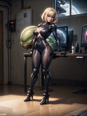 A woman, wearing black robotic armor with gold parts, gigantic breasts, blonde hair, short hair, messy hair, hair with bangs in front of her eyes, looking at the viewer, (((sensual pose with interaction and leaning on anything+object +leaning against))), on an alien spaceship, with computers, window, lights on the walls, elevators, structures, ((full body):1.5), 16K, UHD, unreal engine 5, quality max, max resolution, ultra -realistic, ultra-detailed, maximum sharpness, ((perfect_hands):1), Goodhands-beta2, super_metroid, ((ultra technology)), ((alien spaceship)),tareme-eyes