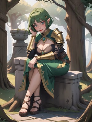 A woman wearing a tight-fitting golden medieval armor with gigantic breasts, green hair with bangs in front of her eyes and very short hair is staring fixedly at the viewer. She is in a completely destroyed castle with many moss-covered stone structures, trees, tree trunks, stone pillars with ancient inscriptions and lots of vegetation, ((She is striking a sensual pose, leaning on anything or object, resting and leaning against herself over it)), ((full body)), warcraft, legend_of_zelda, UHD, best possible quality, ultra detailed, best possible resolution, Unreal Engine 5, professional photography, perfect hand, fingers, hand, perfect , More detail,