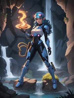 Princess Zelda is wearing a white mecha armor with blue parts and lights attached. The mecha costume is tight on her body, her breasts are gigantic. She is wearing a cyber helmet with a transparent visor. Her hair is blue, curly, short and has bangs in front of her eyes. She is looking directly at the viewer. She is in an alien dungeon inside a cave with a waterfall of glowing lava, many large rock structures, large machines with electricity and blinding light, large pipes with running water and monsters swimming in the waterfall. ((She is striking a sensual pose, leaning on anything or object, resting and leaning against herself over it)). ((full body)), mecha, super_metroid, mecha, UHD, best possible quality, ultra detailed, best possible resolution, Unreal Engine 5, professional photography, perfect hand, fingers, hand, perfect, More detail,