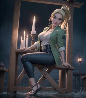 Masterpiece in UHD resolution, sharp details. Style inspired by ((Naruto Shippuden)), a fusion of anime and realism. | ((Tsunade)), a 30-year-old woman, looks stunning in a ninja temple at night, under heavy rain. Wearing a tight green coat, a collarless white shirt, dark blue trousers, and black leather sandals, her attire stands out, shaping her body perfectly. ((Gigantic_breasts)) are notable but do not overshadow her sincere gaze and the broad smile she offers to the viewer. Her long blonde hair, with an impressive frontal fringe, is tied in a ponytail. Tsunade stands in an open area of the temple, surrounded by structures of black marble, altars with ninja inscriptions, imposing pillars, and a statue of an ancient Hokage. Candles on the walls and wooden structures complete the scene, creating an authentic ninja atmosphere. | The scene is captured at a medium angle, enhancing Tsunade's elegant posture as she stares directly at the viewer, conveying confidence and determination. The intense rain adds dynamism to the image, with water droplets running down Tsunade's face and splashing on the ground. The lighting is softened by the candles, highlighting the details of the tight outfit and the woman's radiant expression. | Impressive scene of Tsunade, a 30-year-old woman, in a ninja temple during the rainy night of Naruto Shippuden. | {The camera is positioned very close to her, revealing her entire body as she adopts a sensual_pose, interacting with and leaning on a structure in the scene in an exciting way} | She is adopting a ((sensual_pose as interacts, boldly leaning on a structure, leaning back in a exciting way):1.3), ((perfect_pose)), ((full body)), perfect_fingers, perfect_legs, More Detail, realhands.