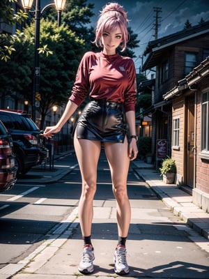 A woman, red shirt without collar and sleeves, very short black skirt, white sneakers, gigantic breasts, wearing cap, pink hair, extremely short hair, rebellious hair, hair with ponytail, hair with bangs in front of the eye, looking at the viewer, (((sensual pose+Interacting+leaning on anything+object+leaning against))), in a small square at night with many structures, banks, trees, lots of people walking, ((full body):1.5), 16K, UHD, unreal engine 5, quality max, max resolution, ultra-realistic, ultra-detailed, maximum sharpness, ((perfect_hands):1), Goodhands-beta2