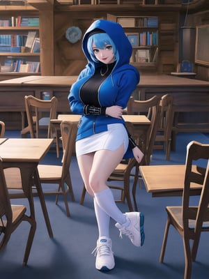 A woman is wearing a blue coat with a hood covering her head, a white T-shirt, a very short black skirt, knee-length lycra socks and white sneakers. The outfit is very tight on the body and her breasts are gigantic. She has blue hair, short in chanel style, with a very long fringe covering her left eye. She is looking directly at the viewer. She is inside a classroom, with a blackboard, tables with chairs, bookshelves with books and windows. There are many structures around. ((A woman is striking a sensual pose, interacting and leaning on a very large structure+a large object, and interacting with the structure+object.)). maximum sharpness, UHD, 16k, anime style, best possible quality, ultra detailed, best possible resolution, (full body:1.5), Unreal Engine 5, professional photography, perfect_thighs, perfect_legs, perfect_feet, perfect hand, fingers, hand, perfect, better_hands, more detail