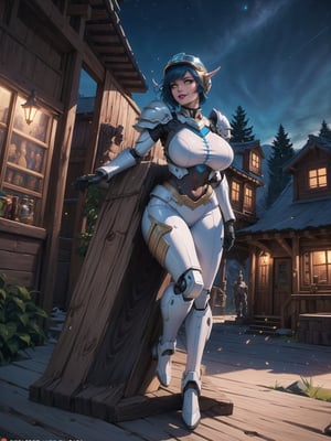 ((An eagle woman_solo)), has gigantic breasts, is wearing mecha+robotic armor with blue parts, totally white outfit, she has ((wearing a helmet)), short hair, blue hair, hair with bangs in front of her eyes, she is in a village on top of the mountains at night, with many stone structures, trees, houses made of wood, large wooden structures, warcraft, 16K, UHD, best possible quality, ultra detailed, best possible resolution, ultra technological, futuristic, robotic, Unreal Engine 5, professional photography, she is ((sensual pose with interaction and leaning on anything + object + on something + leaning against)) + Perfect anatomy, ((full body)), More detail, better_hands