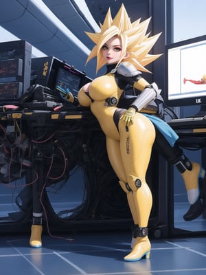 ((A kawaii woman)), wearing cybernetic suit + robotic armor + all-white latex suit, with blue and yellow parts, gigantic breasts, ((only she has super saiyan blue hair)), spiky hair, hair with bangs in front of the eyes, (looking directly at the viewer), she is on an airplane, machines, computers, people with different ethnicities, 16K, UHD, best possible quality,  ultra detailed, best possible resolution, Unreal Engine 5, professional photography,, she is, ((sensual pose with interaction and leaning on anything + object + on something + leaning against)) + perfect_thighs, perfect_legs, perfect_feet, better_hands, (((full body))), More detail,