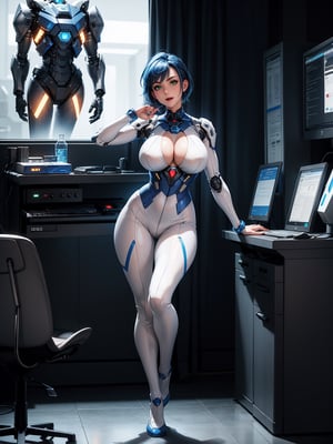 A woman, wearing white wick costume with blue lights, very tight costume on the body with robotic parts, (gigantic breasts), blue hair, very short hair, straight hair, mohawk hair, hair with bangs in front of the eyes, looking at the viewer, ((pose with interaction and leaning [on an object|on something])) in a laboratory, with machines, computers, robots, windows, luminous pipes, ((full body):1.5), 16k, UHD, best possible quality, ultra detailed, best possible resolution, Unreal Engine 5, professional photography, well-detailed fingers, well-detailed hand, perfect_hands, perfect, (megamanx, super metroid)