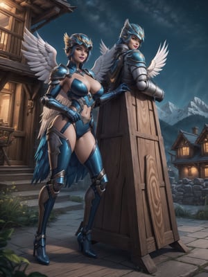 ((An eagle woman)), has gigantic breasts, is wearing mecha+robotic armor with blue parts, totally white outfit, she has ((wings on her back, wearing a helmet)), short hair, blue hair, hair with bangs in front of her eyes, she is in a village on top of the mountains at night, with many stone structures, trees, houses made of wood, large wooden structures, warcraft, 16K, UHD, best possible quality, ultra detailed, best possible resolution, ultra technological, futuristic, robotic, Unreal Engine 5, professional photography, she is ((sensual pose with interaction and leaning on anything + object + on something + leaning against)) + perfect_thighs, perfect_legs, perfect_feet, ((full body)), More detail, better_hands
