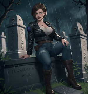 An ultra-detailed 16K masterpiece of horror and ((Resident Evil 3)), rendered in ultra-high resolution with stunning graphical detail. | Jill Valentine, a beautiful 28-year-old woman, is dressed in a sexy and modern detective outfit consisting of a leather jacket, jeans, black boots and a white shirt. Her short brown hair is styled into a bob, with a loose strand of hair falling in front. Her green eyes look out at the viewer, ((smiling seductively and showing her teeth)), with red lipstick and war paint on her face. It is located in a macabre cemetery, at night, in heavy rain. The marble and wooden structures create a gloomy atmosphere, while the tombstones, coffins, skulls, skeletons and zombies add a spooky touch to the scene. The rain hits the tombs, creating a frightening sound. | The image highlights Jill Valentine's sensual figure and the frightening elements of the macabre cemetery. The marble structures, wood, tombstones, coffins, skulls, skeletons and zombies create a dark and frightening environment. Night lighting creates dramatic shadows and highlights details in the scene. | Soft, shadowy lighting effects create a tense, fear-filled atmosphere, while rough, detailed textures on structures and costume add ((Resident Evil 3)) to the image. | A sensual and frightening scene of Jill Valentine, a beautiful woman dressed as a sexy detective in a macabre cemetery, exploring themes of terror, seduction and survival. | (((The image reveals a full-body shot as Jill Valentine assumes a sensual pose, engagingly leaning against a structure within the scene in an exciting manner. She takes on a sensual pose as she interacts, boldly leaning on a structure, leaning back and boldly throwing herself onto the structure, reclining back in an exhilarating way.))). | ((((full-body shot)))), ((perfect pose)), ((perfect limbs, perfect fingers, better hands, perfect hands, hands))++, ((perfect legs, perfect feet))++, ((huge breasts)), ((perfect design)), ((perfect composition)), ((very detailed scene, very detailed background, perfect layout, correct imperfections)), Enhance++, Ultra details++, More Detail++