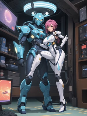 A woman is wearing an all-white mecha costume, with blue parts and luminous couplings. The mecha suit is very tight on the body and has cybernetic armor. She has gigantic breasts and short, blue, mohawk hair with a fringe that falls in front of her eyes. She is looking directly at the viewer. She is in an alien aircraft filled with technological structures, machines, computers and aliens armed with lasers. The aircraft has elevators and windows, ((She is striking a sensual pose, leaning on anything or object, resting and leaning against herself over it)), ((full body)), super_metroid, mecha, UHD, best possible quality, ultra detailed, best possible resolution, Unreal Engine 5, professional photography, perfect hand, fingers, hand, perfect, More detail,