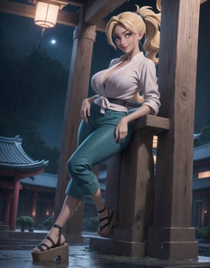 Masterpiece in maximum 16K resolution, inspired by (Naruto Shippuden style). | In the ninja temple during a rainy night, Tsunade, a 30-year-old woman with ((gigantic_breasts)), wears a green outfit, a white collarless shirt, dark blue trousers, and black leather sandals, all snugly fitting her body. ((Tsunade)) looks directly at the viewer, offering a genuine smile, highlighting a small purple mark in the center of her forehead. Her long blonde hair, with a generous fringe in front of her right eye, is tied in a ponytail. | In the background, the temple features structures of black marble, altars with ninja inscriptions, imposing pillars, a statue of an ancient Hokage, and candles affixed to the walls. The heavy rain adds drama to the scene, creating reflections on wet surfaces. | Compelling scene of Tsunade, the 30-year-old ninja woman, in a temple at night during a torrential rain. | {The camera is positioned very close to her, revealing her entire body as she adopts a (sensual_pose), interacting with and leaning on a structure in the scene in an exciting way} | ((perfect_pose)), She is adopting a ((sensual_pose as interacts, boldly leaning on a structure, leaning back in an exciting way):1.3), ((full body)), (perfect_fingers:1.0), (perfect_legs:1.0), More_Detail, realhands