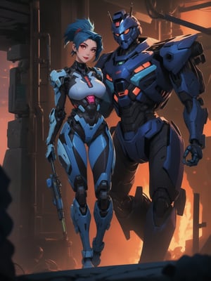 A full-body portrait of a blue-haired, mohawk-styled woman, with voluptuous curves and a futuristic mech suit, leaning seductively against a structure in a dimly lit, mechanized dungeon