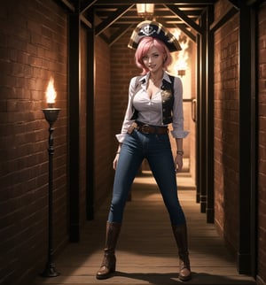 A pirate-adventure masterpiece, rendered in ultra-detailed 8K with vibrant, realistic details. | Rose, a young 23-year-old woman, is dressed in a pirate costume consisting of a white shirt, black vest, brown pants, leather boots, gloves, belt with pockets, sword and a pirate hat. Her short ((pink hair)) is styled in a modern and stylish cut, with tousled braids. She has golden eyes, ((looking at the viewer while smiling and showing her teeth)), wearing red lipstick. It is located inside a pirate prison inside a pirate ship, with wooden structures, metal bars, cannons and metal structures. The laparinas on the walls add to the dark and threatening atmosphere of the place. The light from the torches illuminates the room, creating ominous shadows on the walls. | The image highlights Rose's attractive figure and the architectural elements of the pirate prison. The wooden structures, together with the metal railings, cannons and metal structures, create a dark and threatening environment. The laparinas on the walls enhance the dark and threatening atmosphere of the scene. The torchlight creating ominous shadows on the walls highlights the tension and fear in the scene. | Soft, shadowy lighting effects create a tense, fear-filled atmosphere, while rough, detailed textures on structures and clothing add realism to the image. | A terrifying scene of a young female pirate inside a pirate prison, exploring themes of adventure, pirates and fear. | (((The image reveals a full-body shot as Rose assumes a sensual pose, engagingly leaning against a structure within the scene in an exciting manner. She takes on a sensual pose as she interacts, boldly leaning on a structure, leaning back and boldly throwing herself onto the structure, reclining back in an exhilarating way.))). | ((((full-body shot)))), ((perfect pose)), ((perfect arms):1.2), ((perfect limbs, perfect fingers, better hands, perfect hands, hands)), ((perfect legs, perfect feet):1.2), ((huge breasts)), ((perfect design)), ((perfect composition)), ((very detailed scene, very detailed background, perfect layout, correct imperfections)), Enhance, Ultra details++, More Detail, poakl