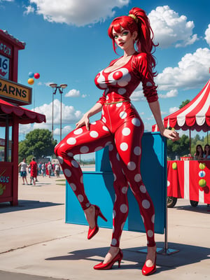 A woman, wearing a circus clown costume in a red suit, white T-shirt with blue polka dots, long red pants, red circus clown shoes, tight and tight clothing on the body, ((gigantic breasts)), blue hair, hair with ponytail, hair straight, hair with bangs in front of the eyes, looking at the viewer, (((pose with interaction and leaning on [something|an object]))), in an amusement park with many food cars, tables, toys, is in the afternoon, beautiful clouds in the sky, ((full body):1.5), 16k, UHD, best possible quality, ultra detailed, best possible resolution, Unreal Engine 5, professional photography, (perfect:1.2), ((well-detailed fingers):1.2), ((well-detailed hand):1.2), ((perfect hands):1.2), ((circus clown))