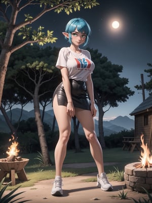 A woman, wearing a white T-shirt, black short skirt, white sneakers with red stripes, tight and short clothes, gigantic breasts, blue hair, short hair, hair with bangs in front of her eyes, (looking at the viewer), (((sensual pose+Interacting+leaning on anything+object+leaning against))) in a rainforest at night with many structures, large stones, a campsite with a campfire, tent, tree trunks, 16K, UHD, ((full body)), unreal engine 5, quality max, max resolution, ultra-realistic, ultra-detailed, maximum sharpness, ((perfect_hands)), ((perfect_legs)), zelda tears of the kingdom, Goodhands-beta2,