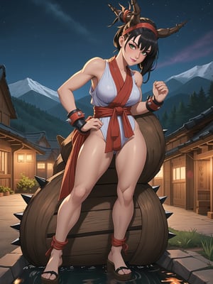 A ninja woman, wearing light brown ninja costume, wearing headdress, white bands tied on arms and legs, black hair, spiky hair, hair with bangs in front of her eyes, she is a ninja village in the mountains at night, with many wooden sturras, with a small stream, 16K, UHD, best possible quality, ultra detailed, best possible resolution, ultra technological, futuristic, robotic, Unreal Engine 5, professional photography, she is, ((sensual pose with interaction and leaning on anything + object + on something + leaning against)) + perfect_thighs, perfect_legs, perfect_feet, better_hands, ((full body)), ((ibuki street fighter, street fighter)), More detail,