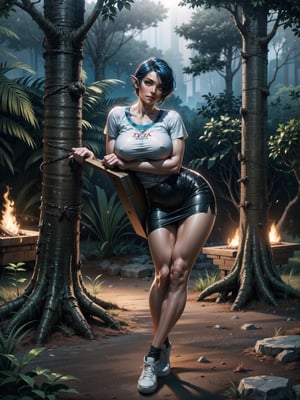 A woman, wearing a white T-shirt, black short skirt, white sneakers with red stripes, tight and short clothes, gigantic breasts, blue hair, short hair, hair with bangs in front of her eyes, ((looking at the viewer)), (((sensual pose+Interacting+leaning on anything+object+leaning against))) in a rainforest at night with many structures, large stones, a campsite with a campfire,  tent, tree trunks, 16K, UHD, unreal engine 5, quality max, max resolution, ultra-realistic, ultra-detailed, maximum sharpness, ((perfect_hands)), ((perfect_legs)), Goodhands-beta2, zelda tears of the kingdom, (full body:1.2)