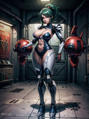 A woman, wearing mecha suit+mecha armor+Bionic armor, blue suit with blank parts, gigantic breasts, helmet with glass visor, green hair, extremely short hair, rebellious hair, hair with ponytail, hair with bangs in front of the eye, looking at the viewer, (((sensual pose with interaction+existing+touching+anything+object))), in the underworld at night with many machines, robots, machines, metal structures, ((full body):1.5), 16K, UHD, Unreal Engine 5, quality max, max resolution, ultra-realistic, ultra-detailed, maximum sharpness, ((perfect_hands):1), Goodhands-beta2, [megaman, super metroid], ((mecha))