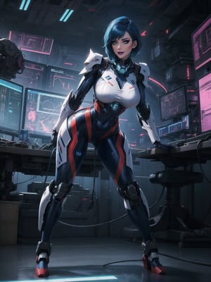 A woman, wearing mecha costume with parts in blue, all white costume, costume with cybernetic armor, costume with lights attached, gigantic breasts, costume covering the whole body, costume very tight on the body, synthetic costume, very short hair, blue hair, mohawk hair, hair with bangs in front of eyes, she is in a giant robot in the control room, with machines, equipment, large gears, computers, luminous pipes, electricity running, UHD, best possible quality, ultra detailed, best possible resolution, ultra technological, futuristic, robotic, Unreal Engine 5, professional photography, she is, ((sensual pose with interaction and leaning on anything + object + on something + leaning against)), ((full body)), better_hands, More detail,