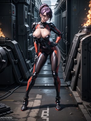 A woman, wearing white cybernetic armor with tight and tight red areas, gigantic breasts, wearing helmet with visor, purple hair, extremely short hair, rebellious hair, hair with ponytail, hair with bangs in front of the eye, looking at the viewer, (((sensual pose+Interacting+leaning on anything+object+leaning against))), on a battlefield with machines, stone structures, military vehicles, fire everywhere, ((full body):1.5), 16K, UHD, unreal engine 5, quality max, max resolution, ultra-realistic, ultra-detailed, maximum sharpness, ((perfect_hands):1), Goodhands-beta2, ((technological))