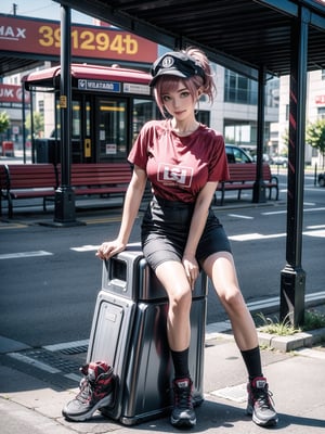 A woman, red T-shirt without collar and sleeves, very short black skirt, white sneakers, gigantic breasts, wearing cap, pink hair, extremely short hair, rebellious hair, hair with ponytail, hair with bangs in front of the eye, looking at the viewer, (((sensual pose+Interacting+leaning on anything+object+leaning against))), at a bus stop with benches,  structures, people queuing, ((full body):1.5), 16K, UHD, unreal engine 5, quality max, max resolution, ultra-realistic, ultra-detailed, maximum sharpness, ((perfect_hands):1), Goodhands-beta2