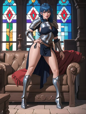 A woman, wearing all-black medieval armor, medieval armor with red parts, very tight medieval armor, gigantic breasts, blue hair, braided hair+solo hair with bangs in front of the eyes, (looking directly at the viewer), she is in an ancient castle, furniture, stained glass, treasures, 16K, UHD, best possible quality, ultra detailed,  best possible resolution, Unreal Engine 5, professional photography, (((medieval knight)), she is, ((sensual pose with interaction and leaning on anything + object + on something + leaning against)) + perfect_thighs, perfect_legs, perfect_feet, better_hands, ((full body)), More detail,