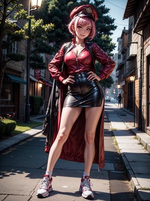 A woman, red shirt without collar and sleeves, very short black skirt, white sneakers, gigantic breasts, wearing cap, pink hair, extremely short hair, rebellious hair, hair with ponytail, hair with bangs in front of the eye, looking at the viewer, (((sensual pose+Interacting+leaning on anything+object+leaning against))), in a small square at night with many structures, banks, trees, lots of people walking, ((full body):1.5), 16K, UHD, unreal engine 5, quality max, max resolution, ultra-realistic, ultra-detailed, maximum sharpness, ((perfect_hands):1), Goodhands-beta2
