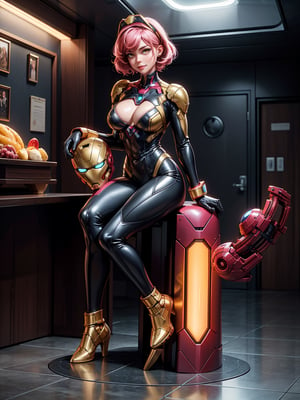 A woman, maid suit + iron man suit, black suit with gold parts, extremely tight and tight on the body, gigantic breasts, helmet on the head, pink hair, short hair, hair with bangs in front of the eyes, looking at the spectator, (((erotic pose interacting and leaning [on an object|on something in the environment]))), on a plane in the passenger area, with chairs, machinery, window, cabins ((full body):1.5) . 16k, UHD, best possible quality, ultra detailed, best possible resolution, Unreal Engine 5, professional photography, perfect_hands, perfect_legs, ((Super Metroid))