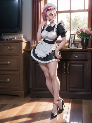 A woman, wearing costume of ((maid)) all black with white parts, white skirt with ruffle, very short hair, pink hair, (mohawk hair), hair with bangs in front of the eyes, (looking at the viewer), (((sensual pose with interaction and leaning on anything + object + on something + leaning against))) in an apartment, with furniture, 1 + floor + chair, Plasma TV, refrigerator, table, bed, open window, candles illuminating the place, 16K, UHD, (full body:1.5), unreal engine 5, ultra technological, quality max, max resolution, More detail, ultra-realistic, ultra-detailed, maximum sharpness, perfect_hands, better_hands,