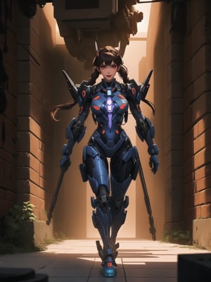 A strong and mysterious woman in a sleek and futuristic mech suit, posing seductively amid the dimly-lit, maze-like corridors of a dungeon filled with intricate machinery and winding catwalks