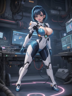 A woman, wearing mecha costume with parts in blue, all white costume, costume with cybernetic armor, costume with lights attached, gigantic breasts, costume covering the whole body, costume very tight on the body, synthetic costume, very short hair, blue hair, mohawk hair, hair with bangs in front of eyes, she is in a giant robot in the control room, with machines, equipment, large gears, computers, luminous pipes, electricity running, UHD, best possible quality, ultra detailed, best possible resolution, ultra technological, futuristic, robotic, Unreal Engine 5, professional photography, she is ((sensual pose with interaction and leaning on anything + object + on something + leaning against)), ((full body)), better_hands, More detail,