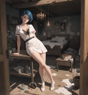 Image in a macabre style fused with elements of realism, rendered in ultra-high resolution with graphic details. | A young 20-year-old woman with short blue hair styled to the side, is positioned in an old and destroyed macabre hospital. She wears a nurse's outfit consisting of a white blouse, a white skirt with lace, white stockings, and low-cut white shoes. She also wears accessories such as a pearl necklace, a heart-shaped pendant, a silver bracelet, and a ring with a pink stone. The colors and materials are faithful to the hospital environment, with shades of white, blue, and metal. She has red eyes that gleam intensely as she looks with determination and curled lips, (((smiling))), showing her teeth, staring directly at the viewer. The facial expression is intense and challenging, and the voice tone is strong and confident. | The image highlights the imposing figure of the young woman and the architectural elements of the hospital. The wooden structures, such as beds with torn mattresses, cabinets with broken shelves, and chairs with broken legs, along with the metal structures, such as carts with rusted wheels, lamps with broken bulbs, and tables with drawers without bottoms, create a scary and desolate environment. The bathroom with a toilet, sink, and shower, wooden shelf with jars and bottles, and wooden table with books and papers, add details to the scene. The dirty and cracked walls, the ruined ceiling, and the floor full of debris, reinforce the atmosphere of fear and desolation. | Soft and dark lighting effects create a tense and desire-filled atmosphere, while detailed textures on the skin, outfit, and structures add realism to the image. | A daring and provocative scene of a young woman dressed as a nurse in an old and destroyed macabre hospital, exploring themes of desire, fear, and desolation. | (((((The image reveals a full-body_shot as she assumes a sensual_pose, leaning against a structure within the scene in an engaging and exciting manner. She assumes a relaxed_pose as she interacts, boldly leaning on a structure and leaning back in an exciting manner.))))). | ((perfect_body)), ((perfect_pose)), ((full-body_shot)), ((perfect_fingers, better_hands, perfect_hands)), ((perfect_legs, perfect_feet)), ((perfect_design)), ((perfect_composition)), ((very detailed scene, very detailed background, perfect_layout, correct_imperfections)), More Detail, Enhance