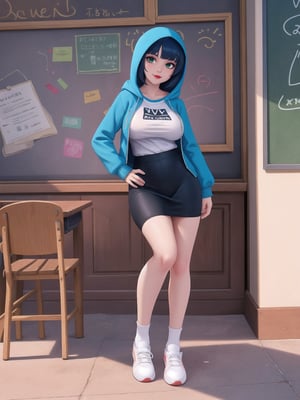 A woman is wearing a blue coat with a hood covering her head, a white T-shirt, a very short black skirt, knee-length lycra socks and white sneakers. The outfit is very tight on the body and her breasts are gigantic. She has blue hair, short in chanel style, with a very long fringe covering her left eye. She is looking directly at the viewer. She is inside a classroom, with a blackboard, tables with chairs, bookshelves with books and windows. There are many structures around. ((A woman doing a sensual pose with interaction and leaning on anything+object+on something+structure+leaning against)), maximum sharpness, UHD, 16k, anime style, best possible quality, ultra detailed, best possible resolution, (full body:1.5), Unreal Engine 5, professional photography, perfect_thighs, perfect_legs, perfect_feet, perfect hand, fingers, hand, perfect, better_hands, more detail