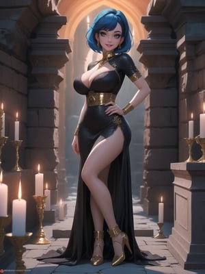 A woman, has gigantic breasts, wearing long black dress with golden bands, tight dress on the body, looking directly at the viewer, short hair, blue hair, mohawk hair, hair with bangs in front of her eyes, she is in an ancient tomb, all dirty, with large stone structures, altars, candles illuminating the place, very dark place, coffins, 16K, UHD, best possible quality, ultra detailed, best possible resolution, ultra technological, futuristic, robotic, Unreal Engine 5, professional photography, she is, ((sensual pose with interaction and leaning on anything + object + on something + leaning against)), perfect anatomy, ((full body)), better_hands. More detail