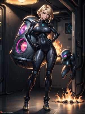 A woman, wearing black robotic armor with gold parts, gigantic breasts, blonde hair, short hair, messy hair, hair with bangs in front of her eyes, looking at the viewer, (((sensual pose with interaction and leaning on anything+object +leaning against))), on an alien spaceship, with computers, window, lights on the walls, elevators, structures, ((full body):1.5), 16K, UHD, unreal engine 5, quality max, max resolution, ultra -realistic, ultra-detailed, maximum sharpness, ((perfect_hands):1), Goodhands-beta2, super_metroid+((alien spaceship)), ((ultra technology)), flaming eye,flaming eye