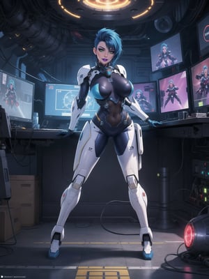 A woman, wearing mecha costume with parts in blue, all white costume, costume with cybernetic armor, costume with lights attached, gigantic breasts, costume covering the whole body, costume very tight on the body, synthetic costume, very short hair, blue hair, mohawk hair, hair with bangs in front of eyes, she is in a giant robot in the control room, with machines, equipment, large gears, computers, luminous pipes, electricity running, UHD, best possible quality, ultra detailed, best possible resolution, ultra technological, futuristic, robotic, Unreal Engine 5, professional photography, she is, ((sensual pose with interaction and leaning on anything + object + on something + leaning against)), ((full body)), better_hands, More detail,