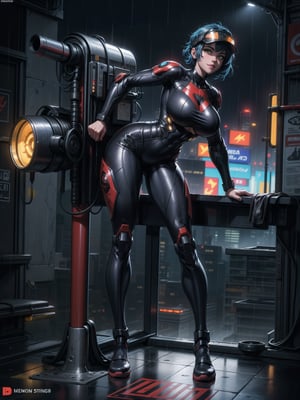 A woman, wearing ((wearing black heroic costume with parts in red+mecha costume with lights, helmet with visor, gigantic breasts)), short hair, blue hair, curly hair, messy hair, hair with bangs in front of eyes, (((looking at the viewer, sensual pose with interaction and leaning on anything+object+on something+leaning against+leaning against))) on top of a building at night raining hard with view of the city, with machines, advertising plates, ((full body):1.5); 16K, UHD, unreal engine 5, quality max, max resolution, ultra-realistic, ultra-detailed, maximum sharpness, ((perfect_hands):1), Goodhands-beta2, ((cyberpunk))