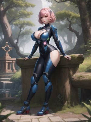 A woman, she is wearing an all-white cybernetic suit, a cybernetic suit with blue parts, a very tight cybernetic suit on her body, she has gigantic breasts, very short hair, pink hair, curly hair, hair with bangs in front of her eyes, she is looking directly at the viewer. She is in a magical forest with lots of trees, wooden structures, big tree trunks. It's night, there are many altars with ancient relics and a large pond, ((full body)), UHD, best possible quality, ultra detailed, best possible resolution, ultra technological, Unreal Engine 5, professional photography, she is doing (sensual pose with interaction and leaning on anything) + (object + on something + leaning against), perfect, More detail,