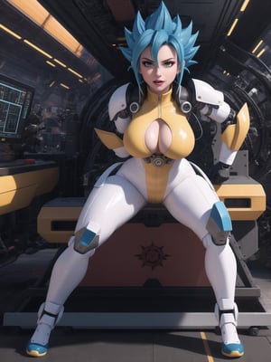 A kawaii woman, wearing cybernetic suit + robotic armor + all-white latex suit, with blue and yellow parts, gigantic breasts, blue hair, ((super saiyan hair)), spiky hair, hair with bangs in front of the eyes, (looking directly at the viewer), she is on an airplane, machines, computers, people with different ethnicities, 16K, UHD, best possible quality,  ultra detailed, best possible resolution, Unreal Engine 5, professional photography,, she is, ((sensual pose with interaction and leaning on anything + object + on something + leaning against)) + perfect_thighs, perfect_legs, perfect_feet, better_hands, ((full body)), More detail,