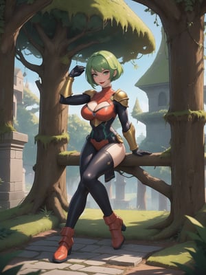 A woman wearing a tight-fitting golden medieval armor with gigantic breasts, green hair with bangs in front of her eyes and very short hair is staring fixedly at the viewer. She is in a completely destroyed castle with many moss-covered stone structures, trees, tree trunks, stone pillars with ancient inscriptions and lots of vegetation, ((She is striking a sensual pose, leaning on anything or object, resting and leaning against herself over it)), ((full body)), super_metroid, mecha, UHD, best possible quality, ultra detailed, best possible resolution, Unreal Engine 5, professional photography, perfect hand, fingers, hand, perfect , More detail,