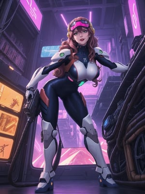 In impeccable 16K resolution, ultra-detailed, inspired by the Anime CGI style and the unmistakable design of Neon Genesis Evangelion. | A stunning bounty hunter stands out in an all-white mecha suit, with pink areas and neon yellow stripes, snugly fitting her body, accentuating her gigantic and firm breasts. Equipped with a cybernetic helmet featuring a glass visor, her long, curly pink hair, with an imposing fringe in front of her right eye, complements the look. Her firm and direct gaze at the viewer conveys determination. | The scene unfolds in a futuristic hangar filled with advanced machinery. An imposing giant mecha robot, a heavily armed vehicle, numerous computers, and machines with visible electrical currents, all displaying visible electrical current, fill the space. Strategically positioned windows offer glimpses of the exterior. | The composition highlights the protagonist as the focal point, while futuristic elements around her add depth to the scene. Meticulous details, visual effects, and the visible electrical current are accentuated by the quality and sharpness in 16K. | An epic scene that combines the best of Anime CGI style with the distinctive design of Neon Genesis Evangelion, providing a unique visual experience in 16K, with maximum quality, detail, and sharpness. | She: ((interacting and leaning on anything, very large structure+object, leaning against, dynamic pose):1.5), ((Full body image)), perfect hand, fingers, hand, perfect, better_hands, More Detail,