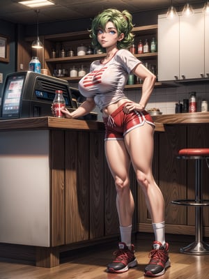 A woman, wearing ((white T-shirt with red stripes with logo:"ROD", short red shorts with stripes, long white sock and sneakers, gigantic breasts)), short hair, green hair, curly hair, messy hair, hair with bangs in front of her eyes, (((looking at the viewer, sensual pose with interaction and leaning on anything+object+on something+leaning against+leaning against))) in a diner full of people, with counter, tables and chairs, soda machines, ((full body):1.5); 16K, UHD, unreal engine 5, quality max, max resolution, ultra-realistic, ultra-detailed, maximum sharpness, ((perfect_hands):1), Goodhands-beta2,