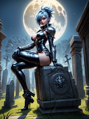 1woman, wearing futuristic armor+bionic costume+metal plates, white suit with black parts, extremely giant breasts, blue hair, very short hair, mohawk hair, hair with bangs in front of the eyes, helmet on the head, looking at the viewer, (((erotic pose interacting and leaning on something))), in an ancient cemetery, large evil soleis, large tombstones, large tombs,  candles stuck on headstones illuminating the place, fog, cemetery at night with full moon at top left, ((full body):1.5), ((bloodrayne)),16k, UHD, best possible quality, ((ultra detailed):1), best possible resolution, Unreal Engine 5, professional photography, perfect_hands