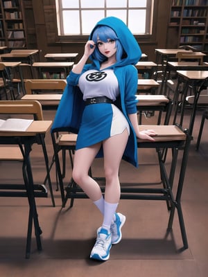 A woman is wearing a blue coat with a hood covering her head, a white T-shirt, a very short black skirt, knee-length lycra socks and white sneakers. The outfit is very tight on the body and her breasts are gigantic. She has blue hair, short in chanel style, with a very long fringe covering her left eye. She is looking directly at the viewer. She is inside a classroom, with a blackboard, tables with chairs, bookshelves with books and windows. There are many structures around. ((A woman is striking a sensual pose, interacting and leaning on a very large object or structure)). maximum sharpness, UHD, 16k, anime style, best possible quality, ultra detailed, best possible resolution, (full body:1.5), Unreal Engine 5, professional photography, perfect_thighs, perfect_legs, perfect_feet, perfect hand, fingers, hand, perfect, better_hands, more detail